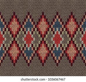 Seamless Knitted Pattern. Red Blue White Brown Color. Fashionable youth modern style.