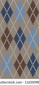 Seamless knitted pattern with rhombuses. Argyle print. Checkered background in brown, blue and white colors. Vector illustration