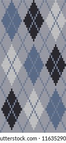 Seamless knitted pattern with rhombuses. Argyle print. Checkered background in gray, blue, white and black colors. Vector illustration