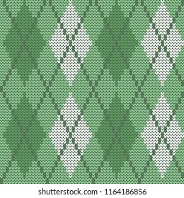 Seamless knitted pattern with rhombuses. Argyle print. Checkered background in green colors. Vector illustration