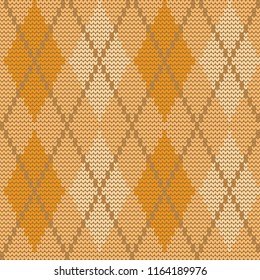 Seamless knitted pattern with rhombuses. Argyle print. Checkered background in yellow colors. Vector illustration