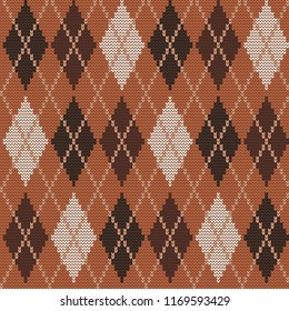Seamless knitted pattern with rhombuses. Argyle print. Checkered background in brown, beige and black colors. Vector illustration