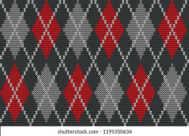 Seamless Knitted Pattern With Rhombuses. Argyle Print In Gray And Red Colors. Checkered Background. Vector Illustration