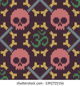 Seamless knitted pattern with sacred Hinduism symbol. Sacred syllable, symbol or mantra Om. Pink skull and bones