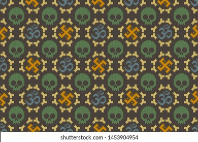 Seamless knitted pattern with sacred Hinduism symbols. Sacred syllable, symbol or mantra Om. Swastika, skull and bones