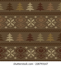 Seamless knitted pattern. Scandinavian ornament with trees and snowflakes
