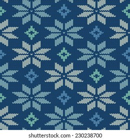 Seamless knitted pattern. Scandinavian ornament with snowflakes