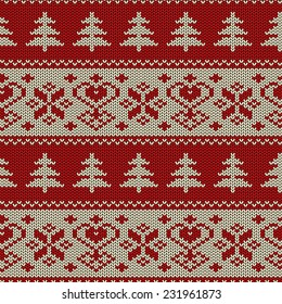 Seamless knitted pattern. Scandinavian ornament with trees and snowflakes