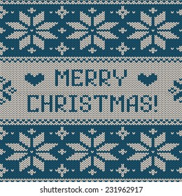 Seamless knitted pattern. Scandinavian ornament with snowflakes and greeting text Merry Christmas