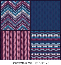 Seamless knitted pattern. Set of blue pink white gray color backgrounds.