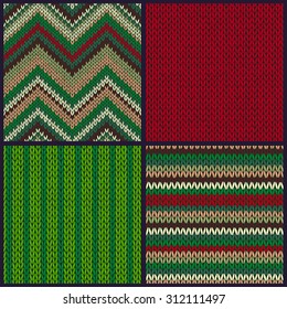 Seamless Knitted Pattern. Set of Christmas Samples. Collection of Red Green White Color Winter Backgrounds