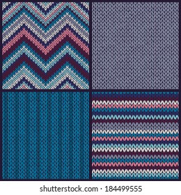 Seamless Knitted Pattern. Set. Collection of Blue Pink White Gray Color Marine Backgrounds 