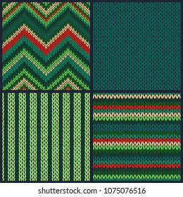 Seamless knitted pattern. Set of green red color backgrounds.