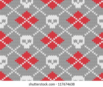 Seamless knitted pattern with skulls. EPS 10 vector illustration.