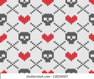 Seamless knitted pattern with skulls and hearts. EPS 10 vector illustration.