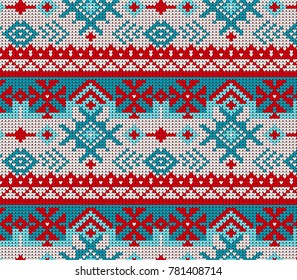 Seamless Knitted Pattern with Snowflakes Background. Knitting Sweater Design