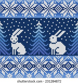 seamless knitted pattern with snowflakes and rabbits