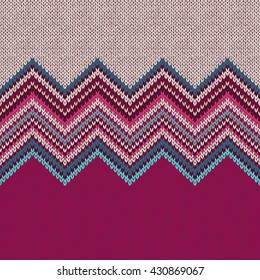 Seamless knitted pattern. Style blue beige red vinous ethnic geometric background