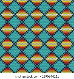 Seamless knitted pattern in tribal style. Ethnic geometric ornament in turquoise, blue, black, red, orange, yellow and white colors. Textile pattern