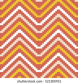 Seamless knitted pattern in warm colors. Horizontal large zigzag of stair step stripes. Polygonal geometric print