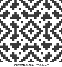 Seamless knitted pattern in white and black colors. Elegant geometric print of stair step elements. Diamond shaped ornament. Vector illustration for various creative projects.