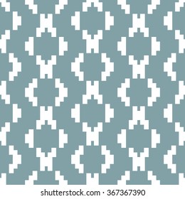 Seamless knitted pattern in white and muted blue colors. Elegant geometric print of stair step elements. Diamond shaped ornament. Vector illustration for various creative projects