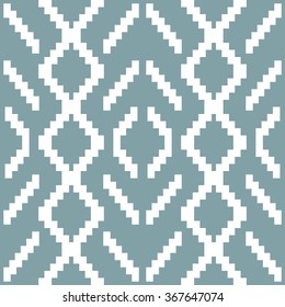 Seamless knitted pattern in white and muted blue colors. Elegant geometric print of stair step elements. Diamond shaped ornament. Vector illustration for various creative projects