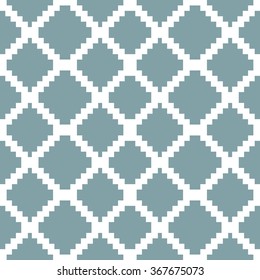 Seamless knitted pattern in white and muted blue colors. Stair step stripes form elegant geometric checkered ornament. Diamond shaped cells. Vector illustration for various creative projects