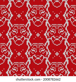 Seamless Knitted Pattern Witn Tiger Silhouette. Christmas Print For Wrapping Papper, Fabric And Web.