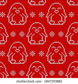 Seamless Knitted Pattern Witn White Penguin. Christmas Print For Wrapping Papper, Fabric And Web.