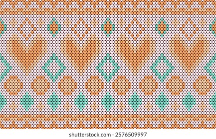 Seamless knitted Patterns.Heart Cross Stitch Embroidery seamless pattern on      background.Design for fashion texture,fabric,clothing,wrapping,print geometric ethnic 
