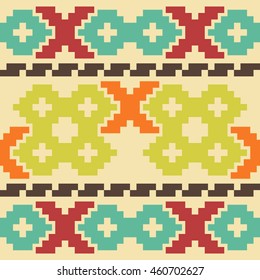 Seamless knitted retro pattern. Elegant geometric ornament of stair step elements in folk style. Beautiful graphic print in vintage colors. Vector illustration for fashion design