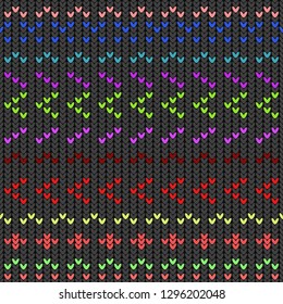Seamless knitted texture, multicolored pattern on gray background. Style for winter wear.