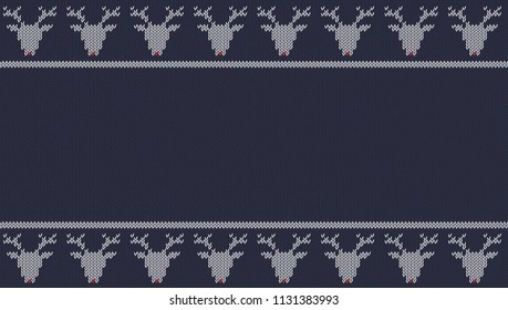 Seamless knitted  texture on blue background with white deers. Can be used as scheme of knitting sweaters, wallpaper, web project, etc.  Perfect place for your text. Woolen melange cloth. 