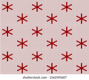 Seamless knitted white pattern with red snowflakes. Christmas backgroung