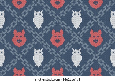 Seamless knitted woolen pattern with intersection of chains, polar owl and wild boar