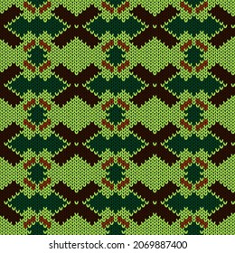 Seamless knitting contrast ornate in brown and green colors, vector pattern as a fabric texture