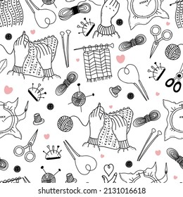 Seamless knitting and embroidery pattern. Sewing elements, threads and knitting needles, scissors and needles, hands knit on white background. Vector illustration. Linear hand drawings in doodle style