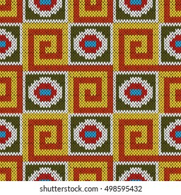 Seamless knitting geometrical colourful vector pattern in yellow, orange, green, blue, red and white colors as a knitted fabric texture