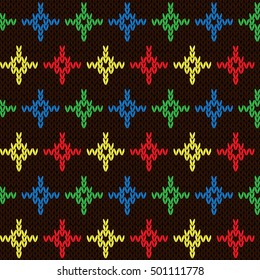 Seamless knitting geometrical vector pattern with color crosses over dark brown background as a knitted fabric texture 