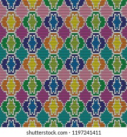 Seamless knitting multicolor motley background, in oriental style, knitting vector pattern as a fabric texture