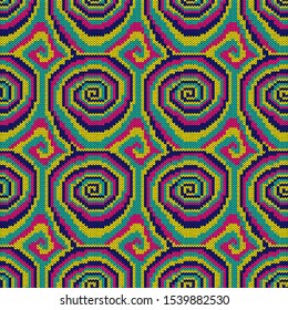 Seamless knitting ornate with swirl elements in bright pink, yellow, blue and turquoise colors, vector pattern as a fabric texture
