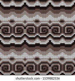 Seamless knitting ornate with swirl elements in muted brown and beige hues, vector pattern as a fabric texture