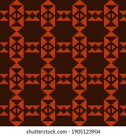Seamless knitting pattern in brown and orange colors, vector pattern as a fabric texture