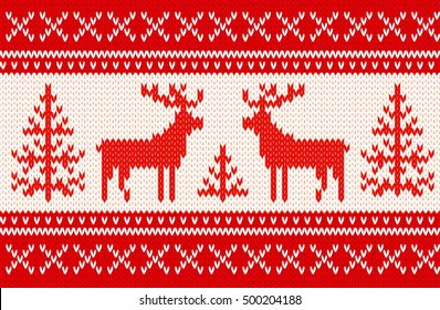 Seamless knitting pattern with deers and geometrical ornamental stripes