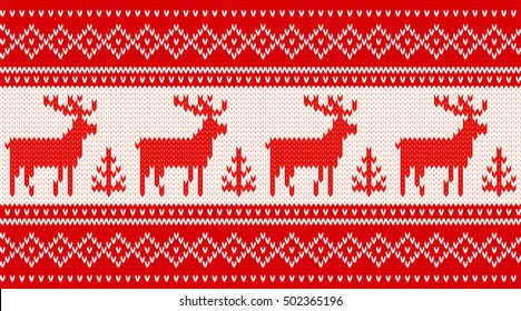 Seamless knitting pattern with deers and geometrical ornamental stripes