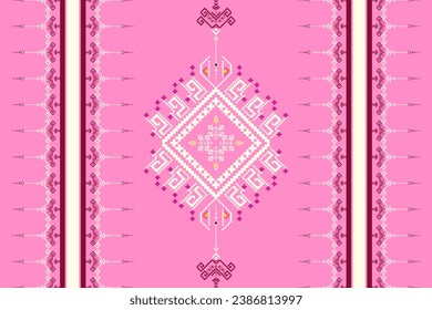 Seamless knitting pattern and floral fabric pattern used for weaving, pink lace fabric, clothing, ethnic pattern, fabric, embroidery illustration, abstract pixel art. Cream and pink knitting pattern. 