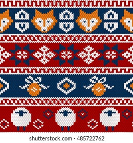 Seamless knitting pattern with fox, snowflakes, balls, sheep. Festive Christmas sweater design. Winter holiday background. Vector knitted texture