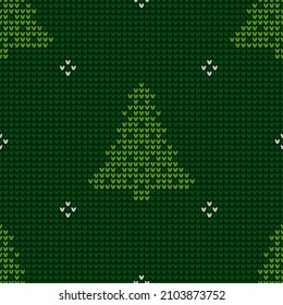 Seamless knitting pattern with green trees on green background. Save with Clipping Mask.