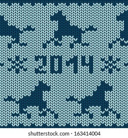 Seamless knitting pattern with horses and snowflakes
